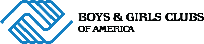 Boys and Girls Club Logo - Black serif type with blue joined hands icon to left