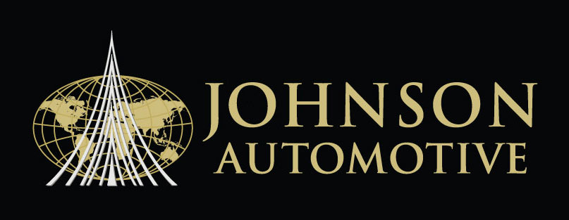 Johnson Automotive Logo - Gold serif type with globe and tower icon to left over black background